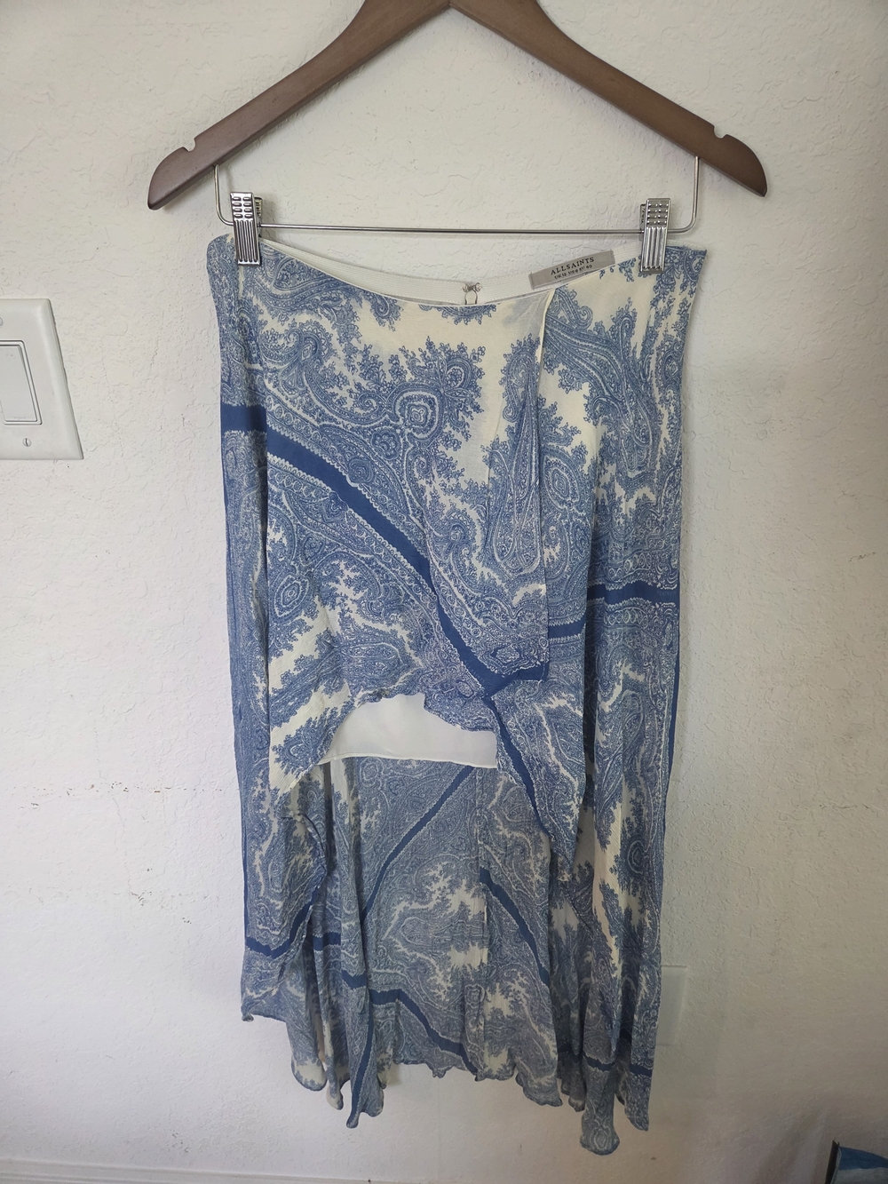 ALLSAINTS Silvina Rafaela Blue Paisley Asymmetrical Wrap Midi Skirt US 8